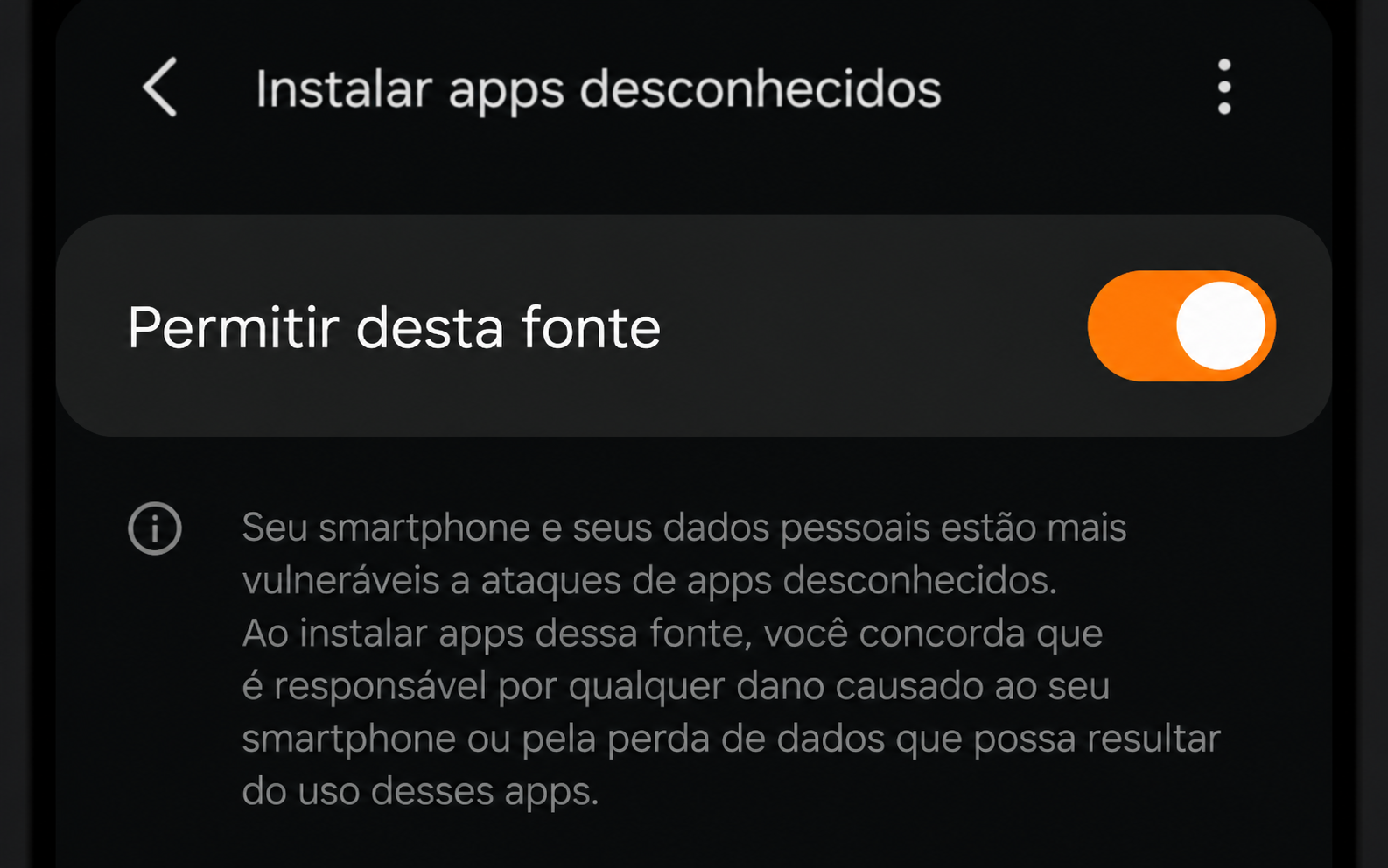 Tela de configurações do Android para habilitar fontes desconhecidas